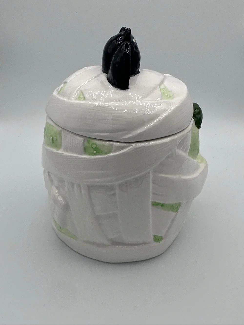 Halloween Mummy Treat Jar with Black Bat Lid - White & Green